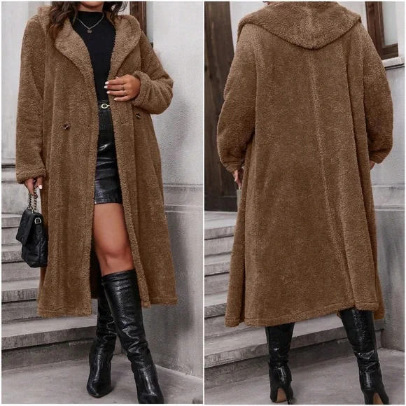 Plus Sherpa Teddy Button Hoodie Long Jacket Coat - Picture 3 of 5